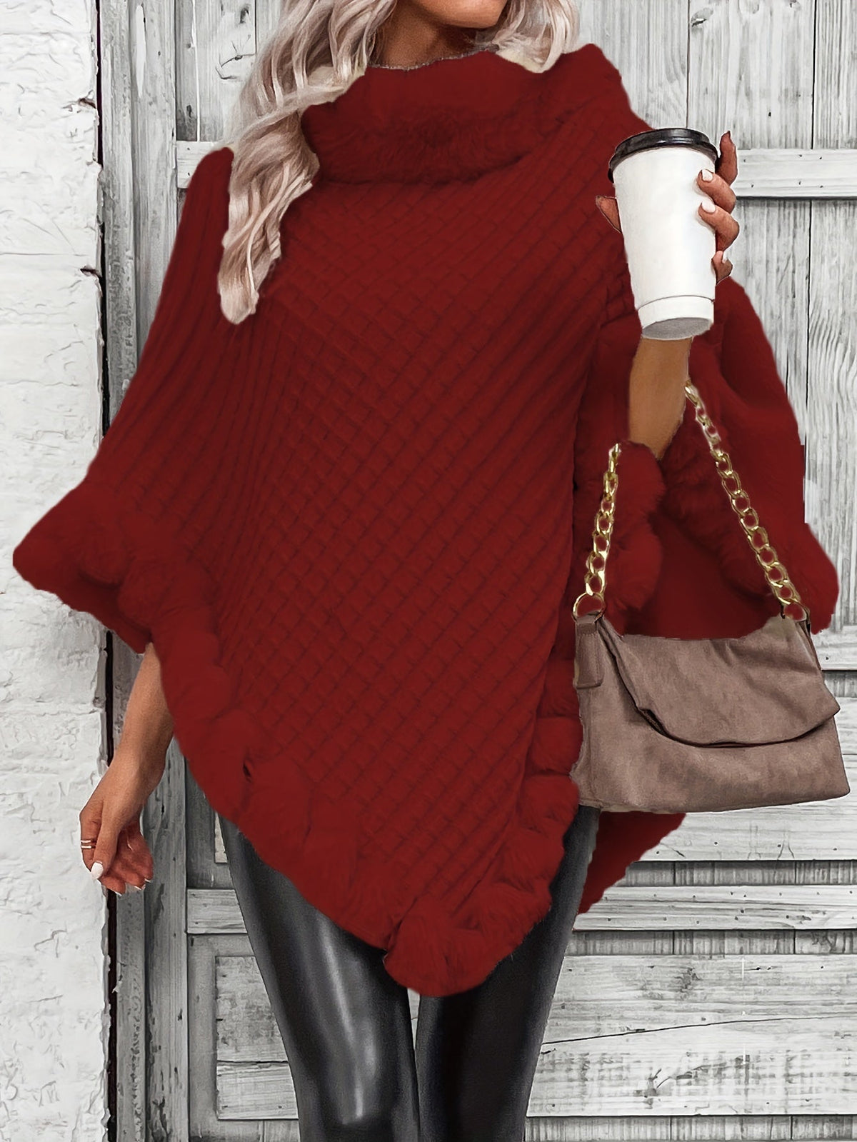 Women's Elegant Faux Fur Collar Cape Coat – Suede PU Plush Fur Trim Solid Color Winter Outerwear for Everyday & Formal Events