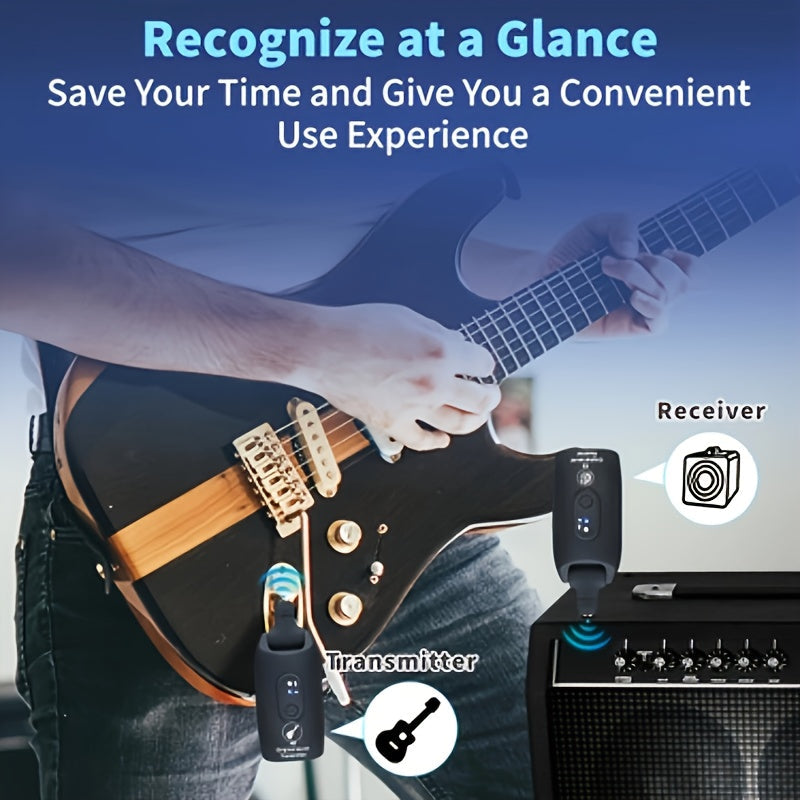Wireless Guitar System 2.4GHz with Rechargeable Battery - Low Latency Audio Transmitter & Receiver for Electric Guitar, Acoustic, Bass, Violin & Keyboard, Plug & Play Instrument Wireless Kit