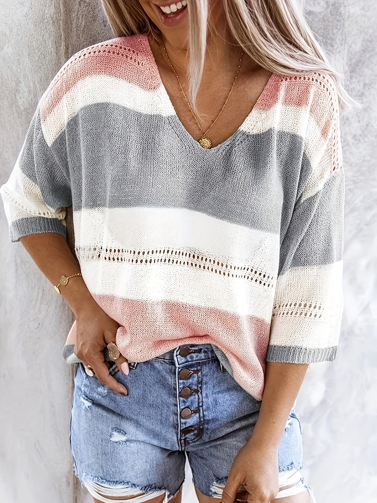 Women's V-Neck Hollow Out Off Shoulder Top Colorblock Stripe Knit Shirt - Casual Summer Blouse for Daily Wear Beach Vacation