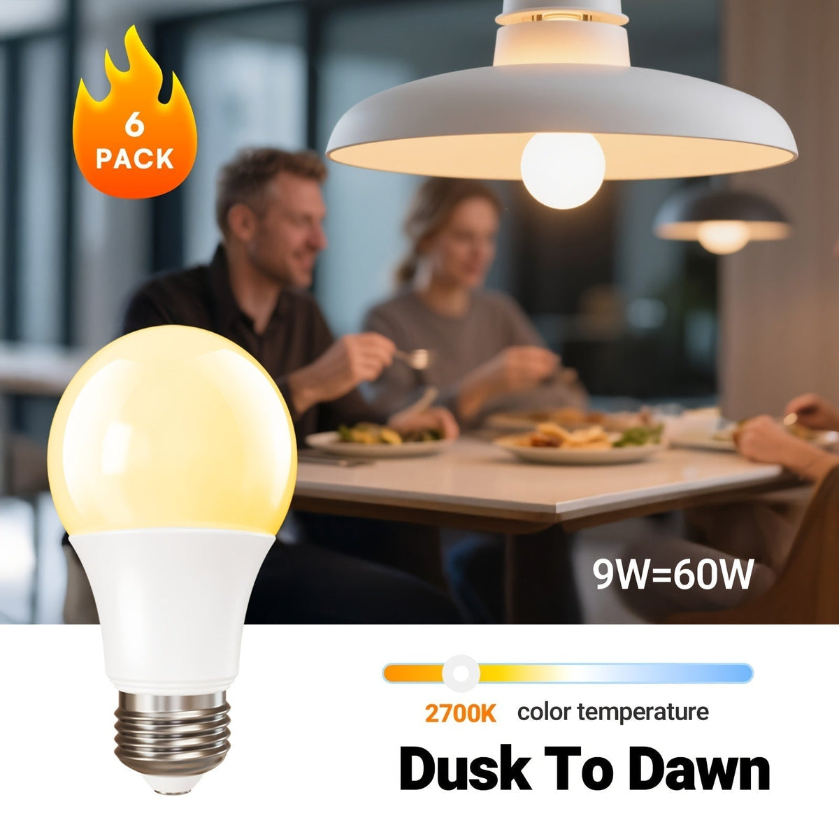 Dusk to Dawn LED Bulbs 6 & 12 Pack – 9W 60W Equivalent E26 Base, Auto On/Off Light Sensor, 5000K Daylight & 2700K Warm White, Energy Saving Indoor Outdoor Lighting