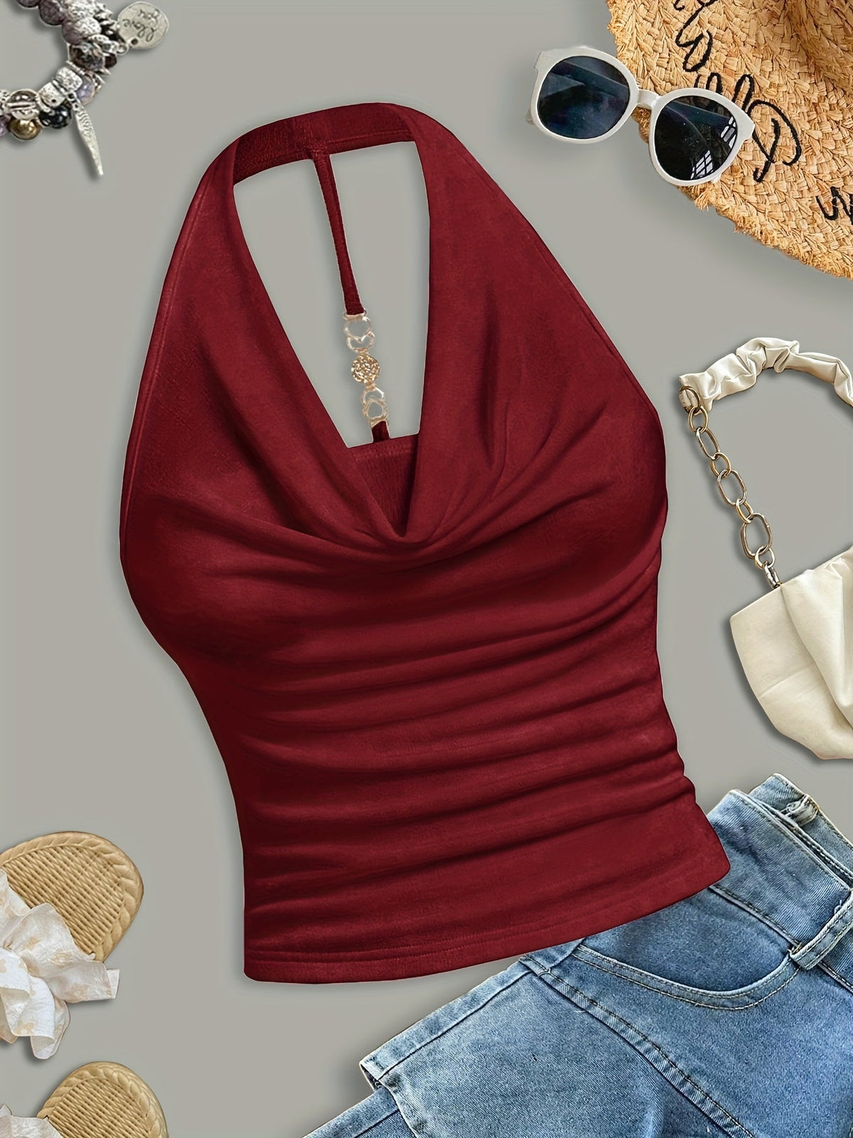 Women's Halter Neck Tank Top Sexy Backless Sleeveless Summer Beach Blouse Solid Color Knit Outerwear Shirt for Going Out - White Khaki Burgundy Pink