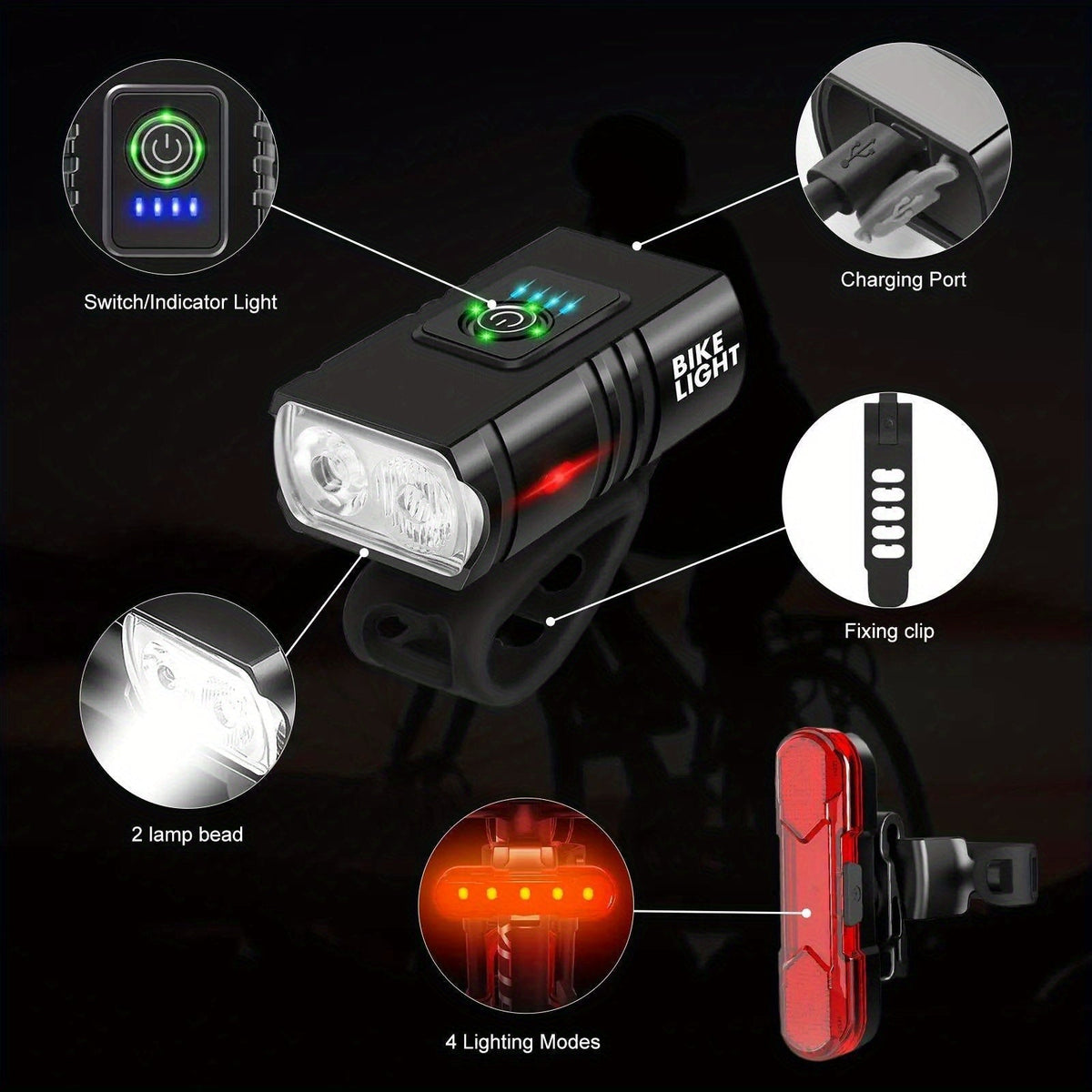 USB Rechargeable LED Bike Light Set with Whistle – 1500 Lumen 6+4 Modes Front & Rear Bicycle Lights, Power Display, Portable Safe Night Cycling Headlight & Taillight