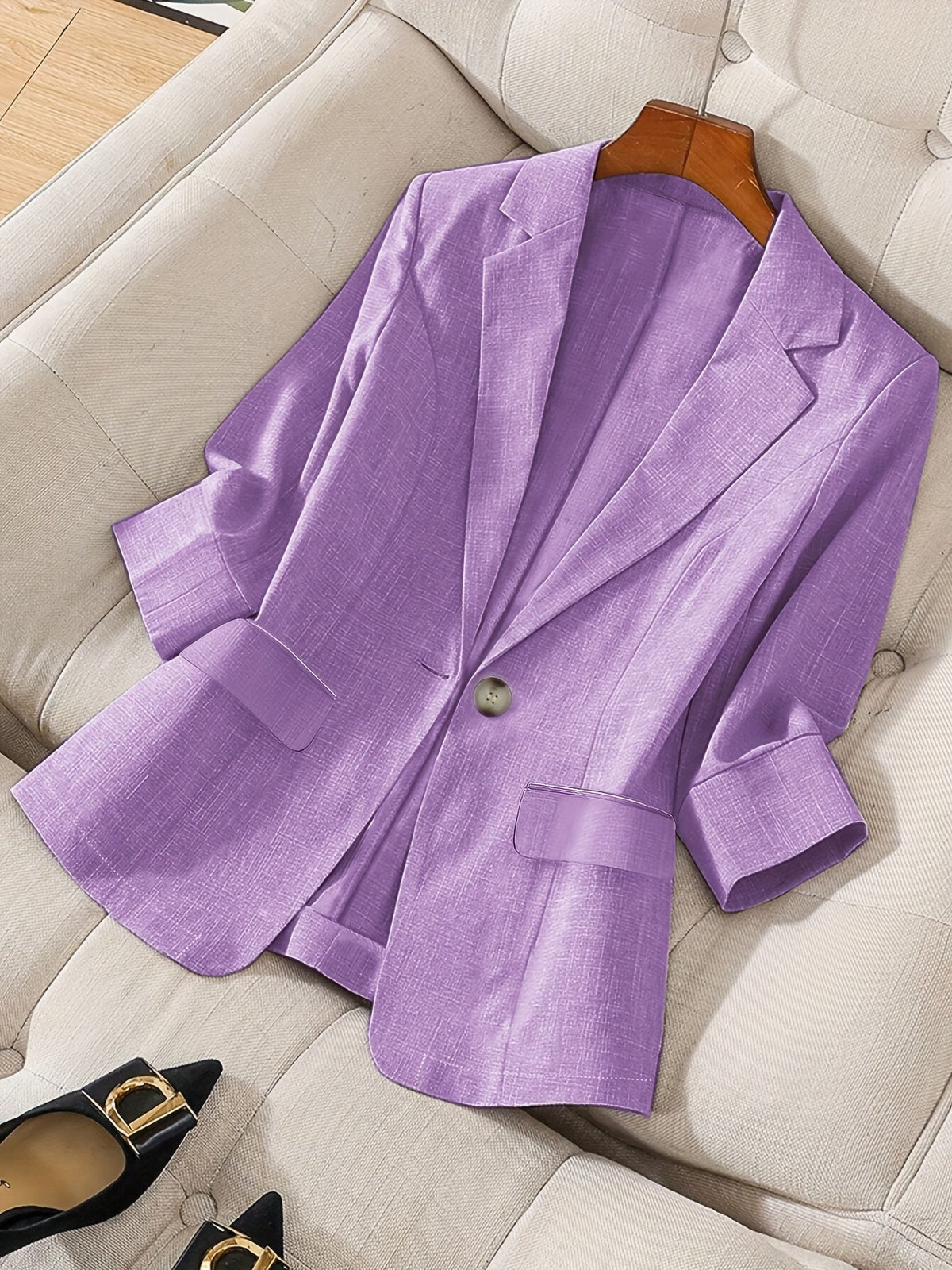 Women's Elegant Blazer Jacket 3/4 Sleeve Loose Fit Office Work Blazer Apricot Black Navy Olive Violet S M L XL XXL