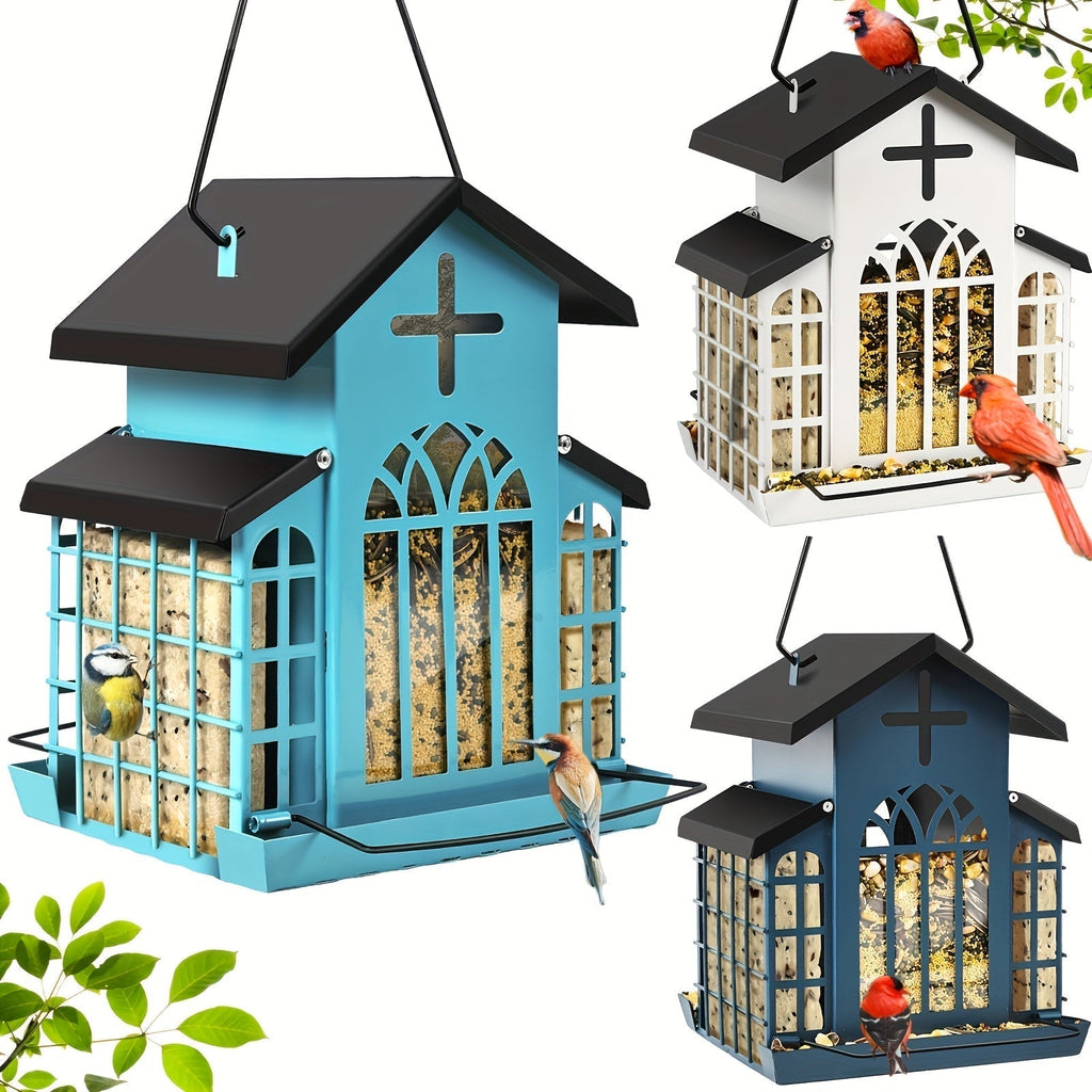 Vintage Metal Wild Bird Feeder for Outside – Triple Feeders for Finch, Cardinal & Chickadee, Large Capacity Metal Mesh Design with Easy-Hang Chains & Window Cut-Outs, 7 Style Options