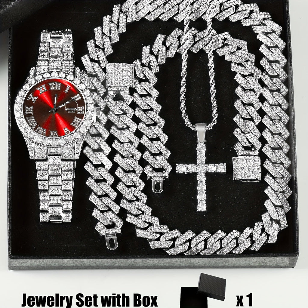 4pcs Rhinestone Watch & Cross Pendant Jewelry Set Quartz Analog Wrist Watch Necklace Bracelet Earrings Unisex Gift for Him Her Wedding