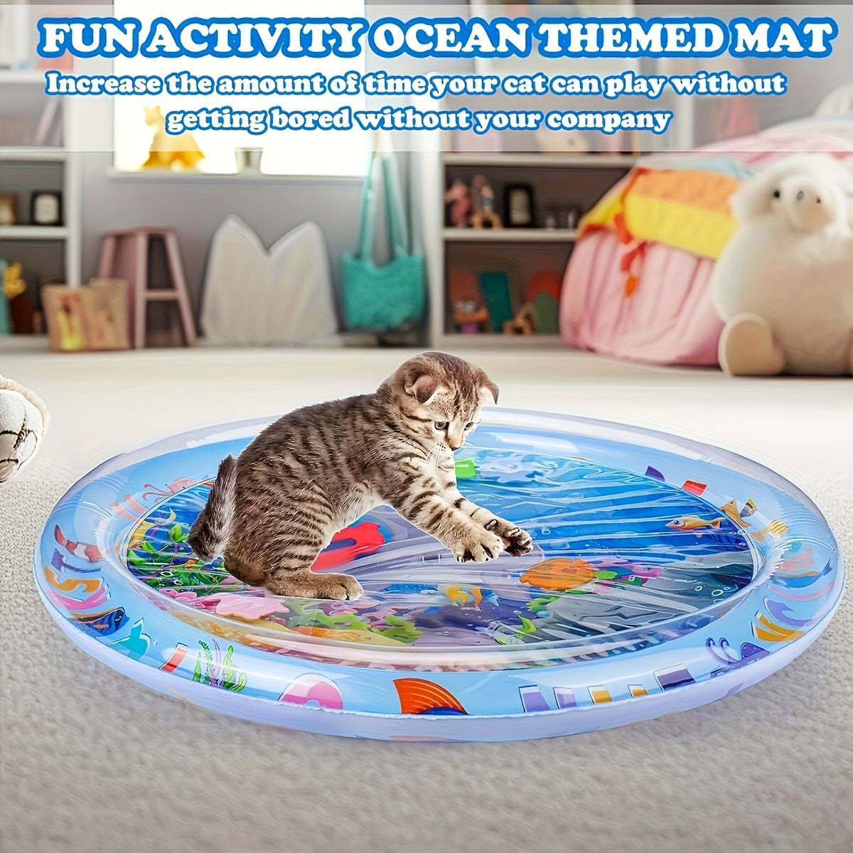Interactive Cat Water Play Mat with Floating Fish – Splash-Proof PVC Sensory Toy for Indoor Cats, No Battery Needed, Boredom Relief Fun Cat Pad for Medium Breeds