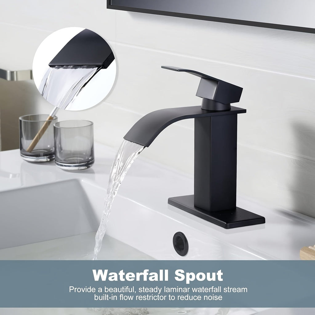 Waterfall Bathroom Sink Faucet Single Handle Hot & Cold - Universal 1 or 3 Hole Countertop Mount, RV Vanity Faucet with Water Supply Hose, Modern Design in Black, Black Gold & Silver