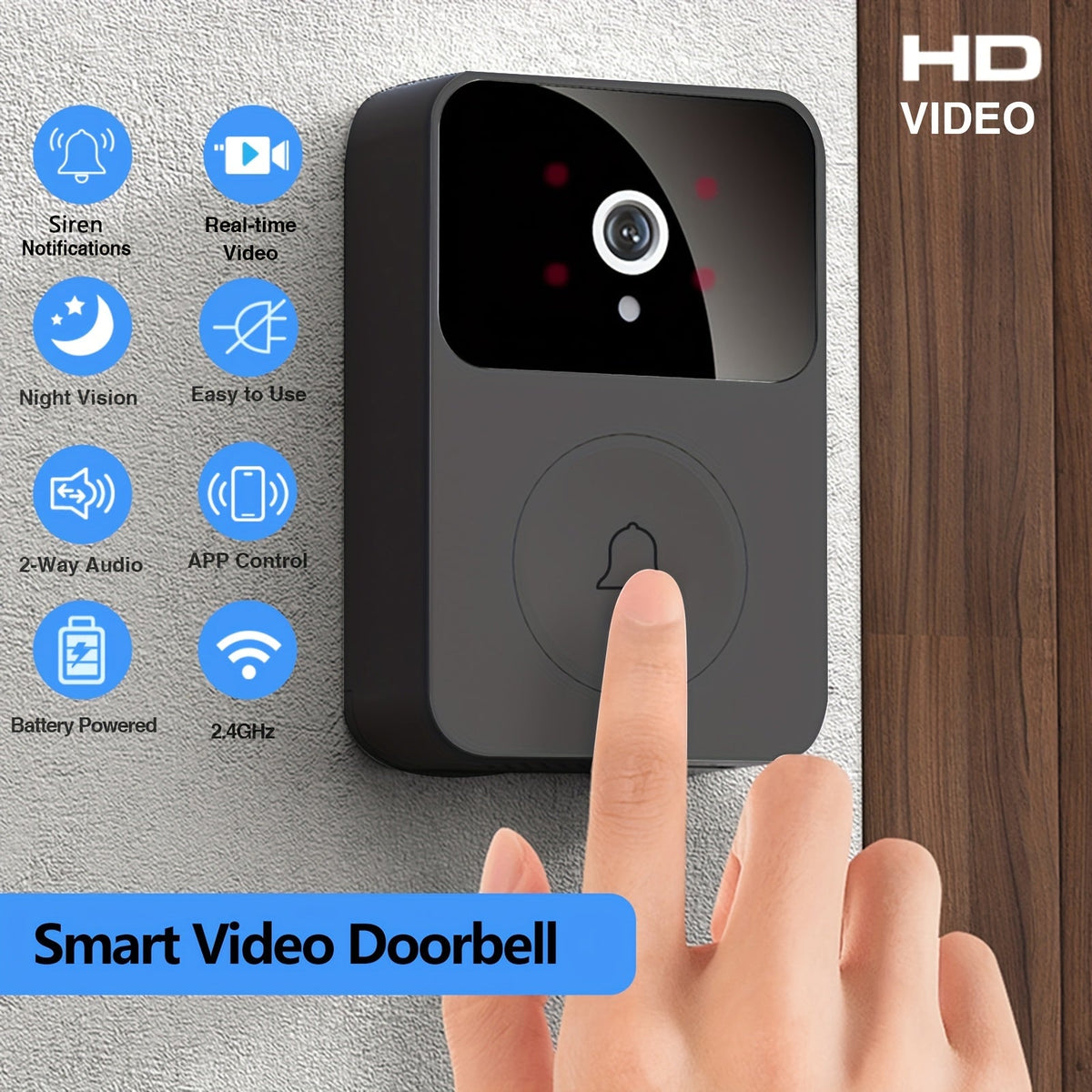Wireless Video Doorbell Camera with HD Night Vision, Motion Alerts & Two-Way Audio – Smart WiFi Doorbell, Remote Mobile View, Voice Changer, Rechargeable Battery, 2.4GHz, Home Security