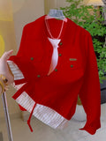 Women's Striped Patchwork Top Lapel Collar Chic Woven Blouse Spring Fall Fashion Shirt Red Yellow Black S-XXL