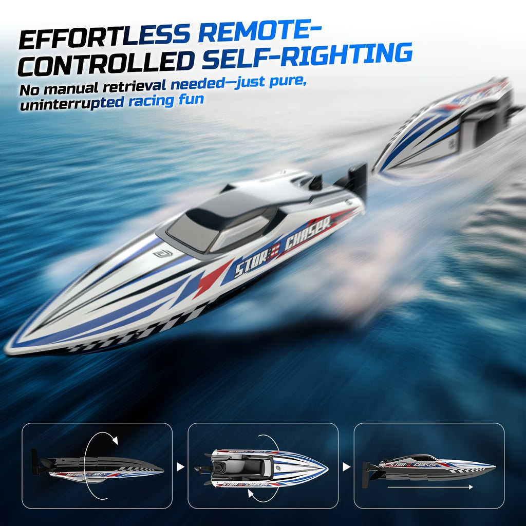 DEERC 16" Brushless RC Boat for Adults - Hobby Grade 35+ KPH Remote Control Racing Boat, 3S Power Self-Righting Metal Drive Shaft, 2x2000mAh Batteries & Carrying Case for Lakes Pools Rivers | Blue