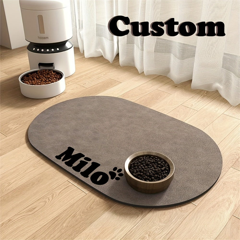 Personalized Quick-Dry Pet Feeding Mat with Non-Slip Rubber Base - Custom Name, Minimalist Dark Grey Design for Dogs & Cats, Indoor Use, Great Gift for Pet Owners