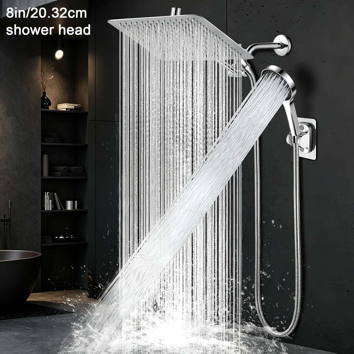 High Pressure Rainfall Handheld Shower Head Combo 11-Inch Extension Arm 9 Settings Anti-Leak Height Adjustable Chrome Matte Black
