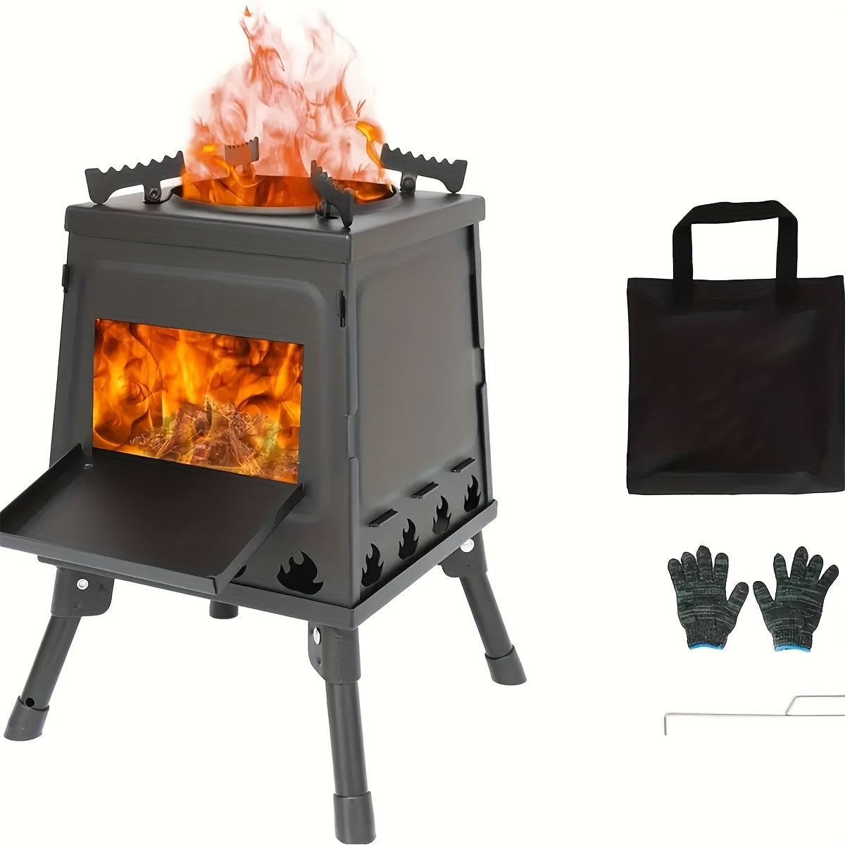 Portable Wood Burning Camp Stove with BBQ Scissors - Lightweight Outdoor Hiking Cookstove & Picnic Grill Set for Travel Camping