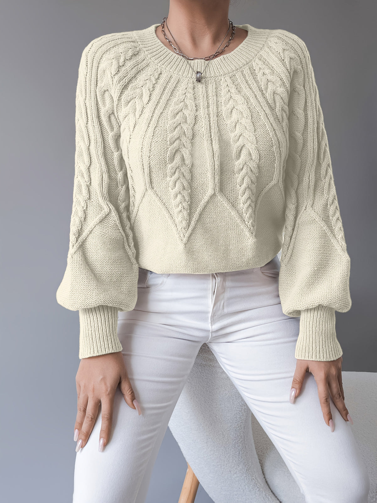 Women's Chunky Lantern Sleeve Sweater Crew Neck Textured Knit Pullover Cozy Fall Winter Sweater Khaki Apricot Black S-XXL