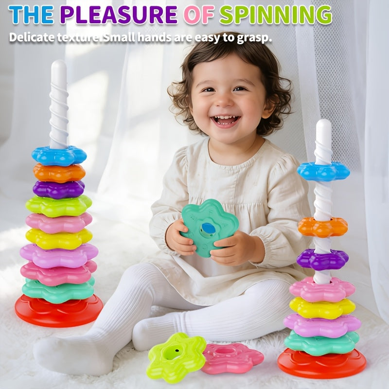 Rainbow Spinning Stacking Tower Toy for Toddlers – 10-Piece Rotating Ring Toss Matching Game for Color Recognition & Cognitive Development | Multicolor Educational STEM Gift for Kids Ages 1-3