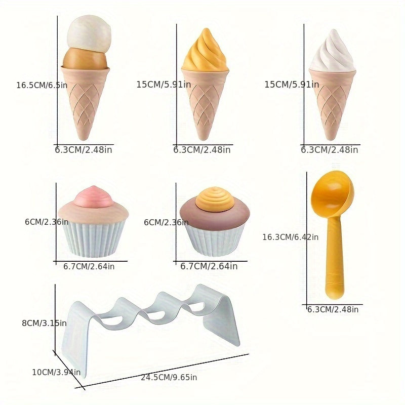 Ice Cream Toy Set 7 Piece with Sand Digging Tools Scoop Cone Pretend Play Outdoor Beach Sandbox Toy for Toddlers Kids Summer Gift Party Favor