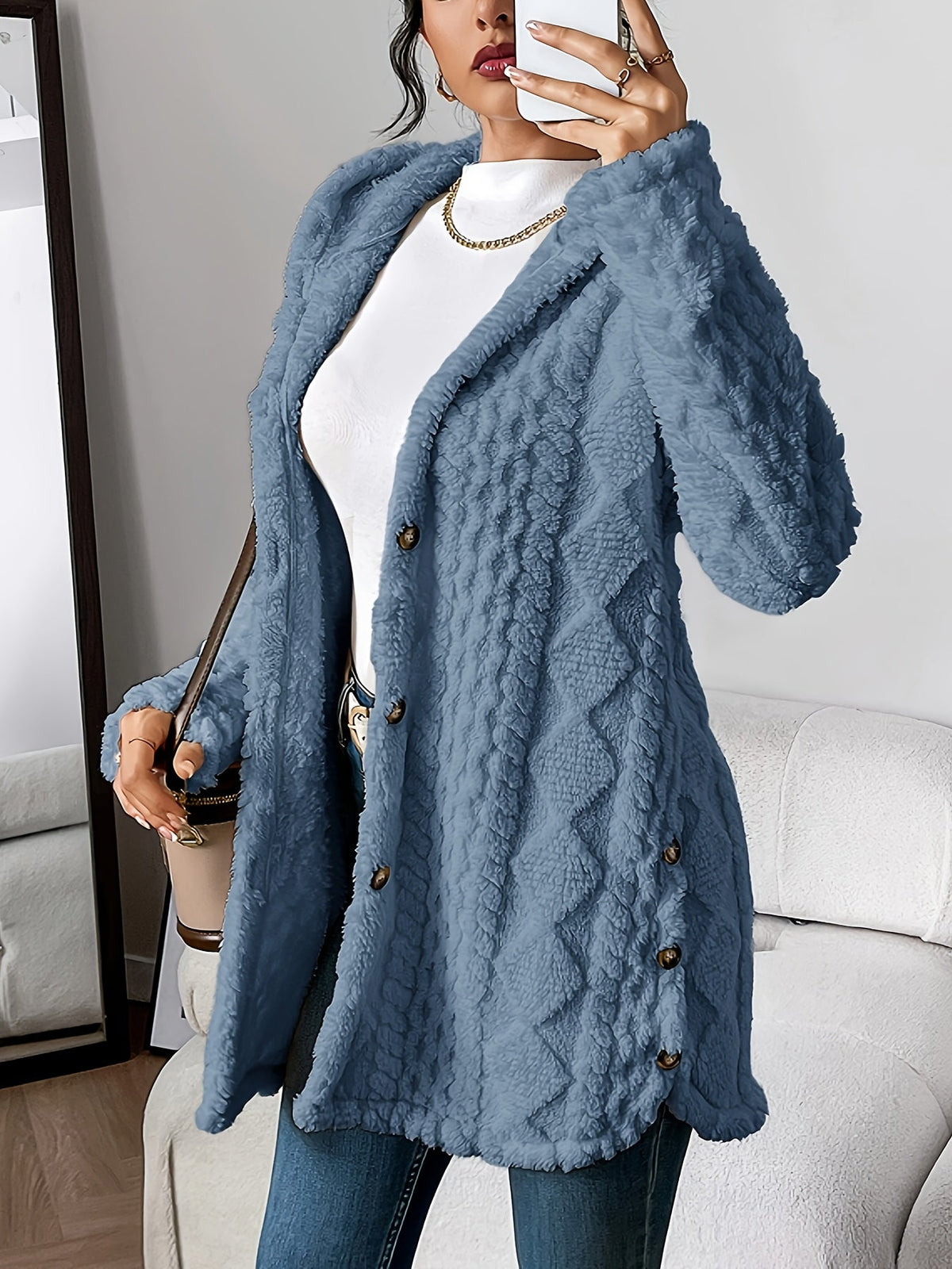 Women's Jacquard Plush Hooded Cardigan Coat – Warm Fuzzy Open Front Sweater Jacket for Autumn Winter