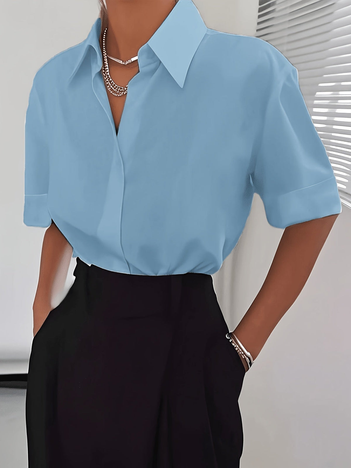 Women's Elegant Neckline Short Sleeve Solid Color Blouse 100% Polyester Casual Chic Top White Black Light Blue Coffee S M L XL All Season Woven Shirt