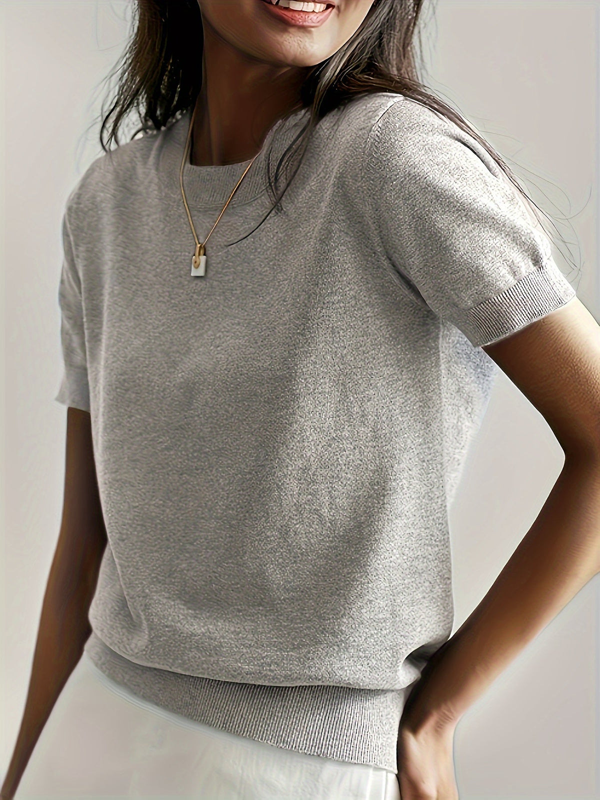 Fine-Spun Short Sleeve Knit Top Women Crew Neck Casual Pullover Sweater Solid Color Lightweight Base Layer Shirt for Women S M L XL XXL