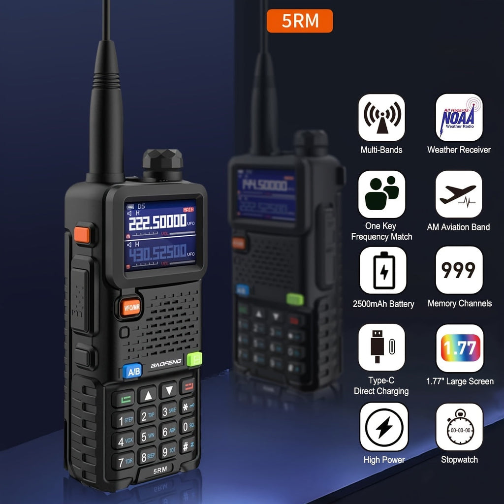 BAOFENG GM-5RH 10W Long Range GMRS Radio 2-Pack - Handheld Two-Way Radio with NOAA Weather, USB-C Charging, 999CH, 2500mAh Battery, 771 & 805S Antenna for Hunting Camping Climbing
