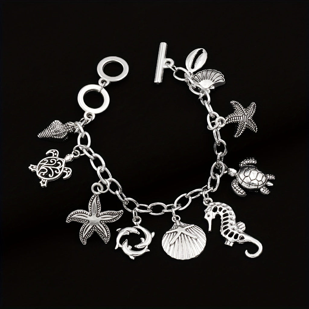 S925 Silver Ocean Charm Bracelet for Women – Seahorse, Turtle, Dolphin, Starfish, Conch & Scallop Pendant Chain, Elegant Marine Animal Jewelry Friendship Gift for Summer & Vacation
