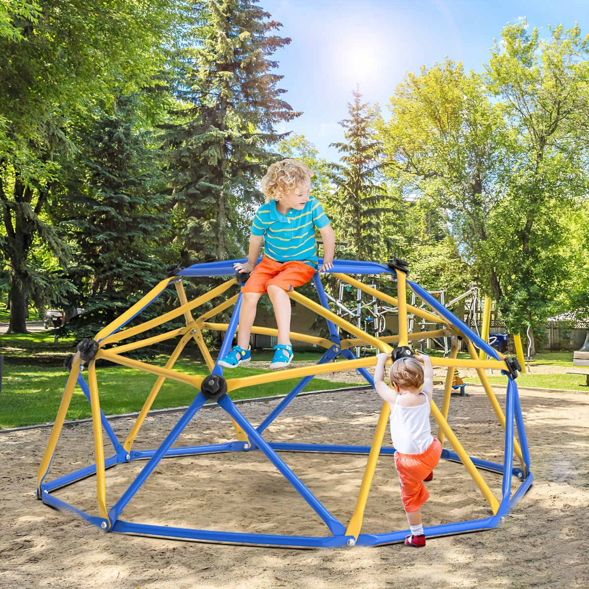6-Foot Outdoor Kids Climbing Dome Backyard Jungle Gym with Stainless Steel Frame Weather-Resistant 600 Lbs Capacity Safe Activity Center Gift for Boys Girls Ages 3 to 10 Years Yellow Blue