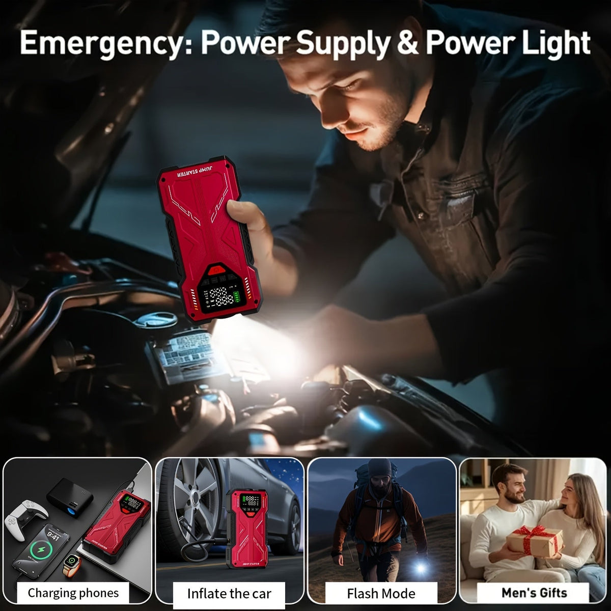 7000A Portable Jump Starter with Air Compressor – 5000A/7000A Peak Battery Pack with 150PSI Digital Tire Inflator, Fits 10L Gas & 2.38gal Diesel, Fast USB Charging & LED Emergency Light