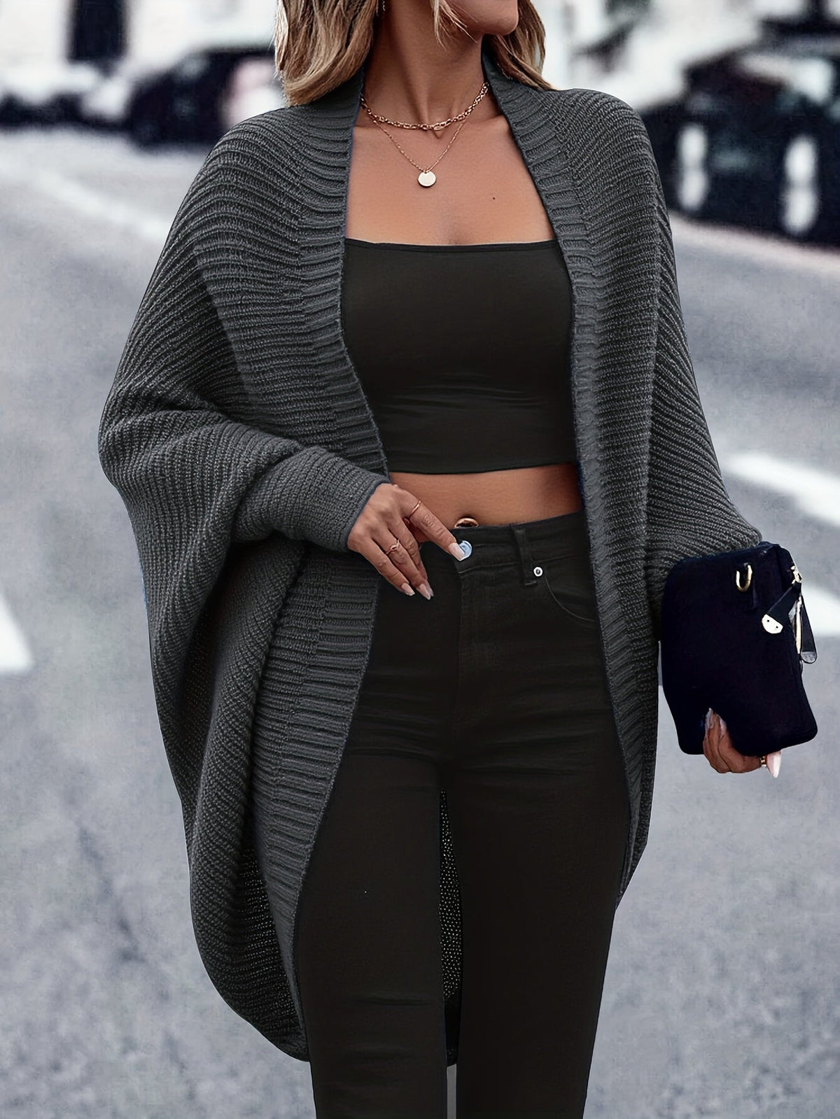 Women's Oversized Open Front Knit Cardigan Coat Long Sleeve Batwing Solid Color Sweater Jacket Fall Winter Casual Elegant Outerwear S-XXL