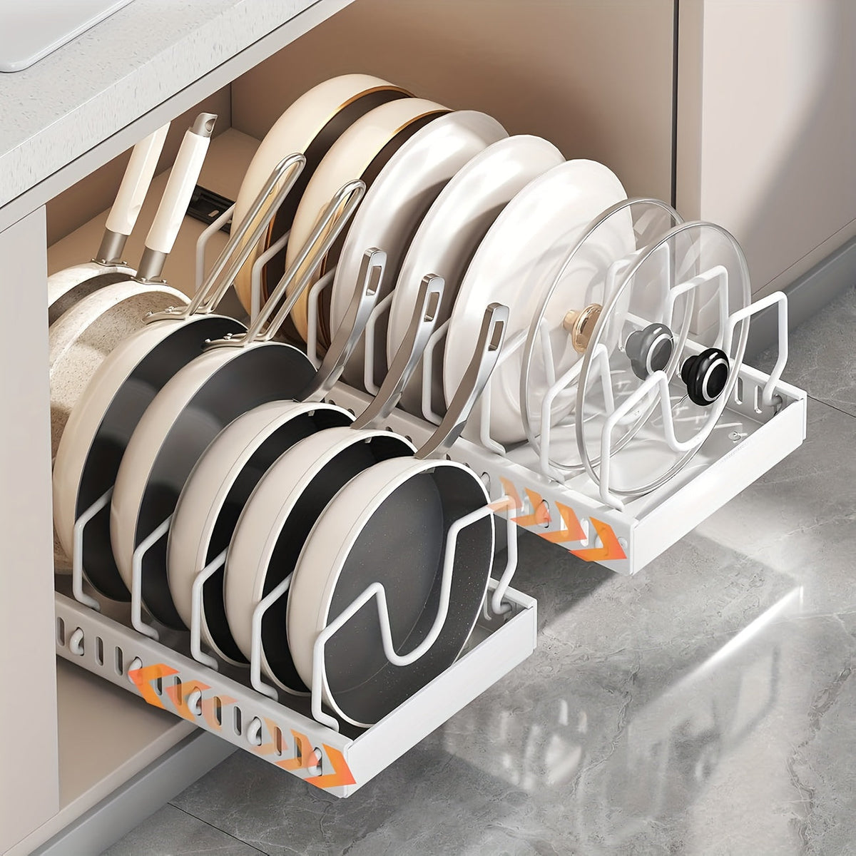 Pull-Out Pot and Pan Organizer for Kitchen Cabinets – Sliding Lid Rack & Pan Holder with 8/16 Adjustable Dividers for Storing Lids, Baking Tools & Plates, Cabinet Storage Box, Black or White