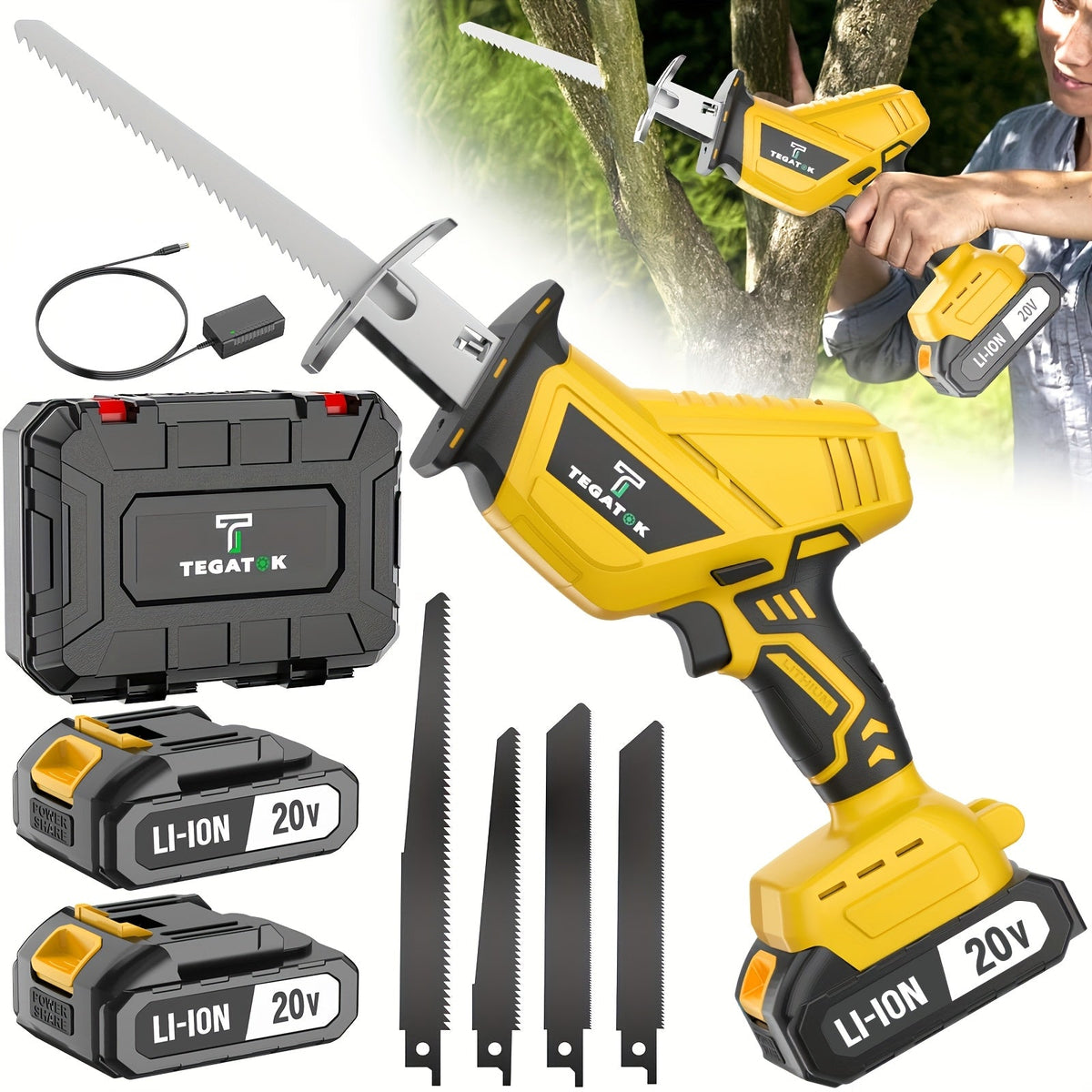 Cordless Reciprocating Saw with LED Light & Safety Lock | Electric Handsaw for Multi-Purpose Cutting, Replaceable Blades, Toolbox Included – 1 or 2 Battery Options, Yellow/Green/Red