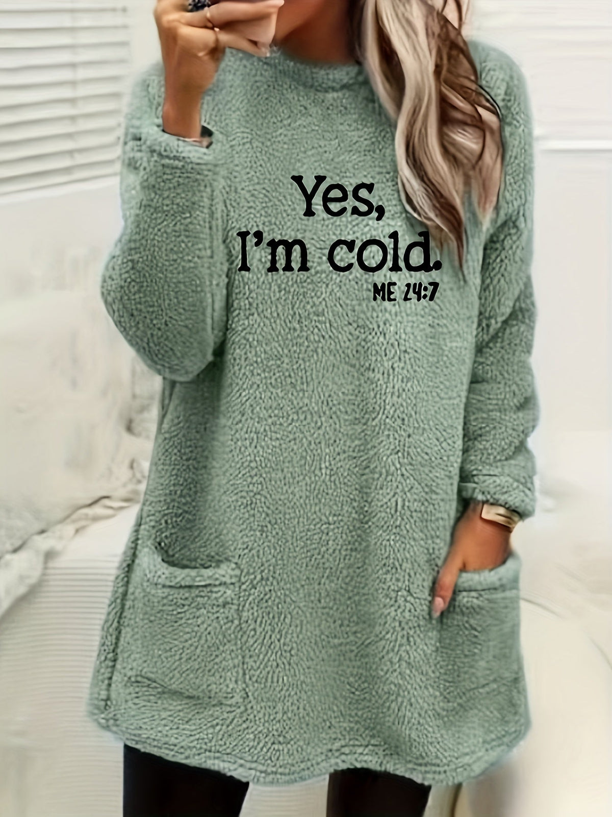 Women's Double-Sided Letter Print Sweatshirt – 100% Polyester Crew Neck Long Sleeve Casual Pullover with Pocket for Fall Winter