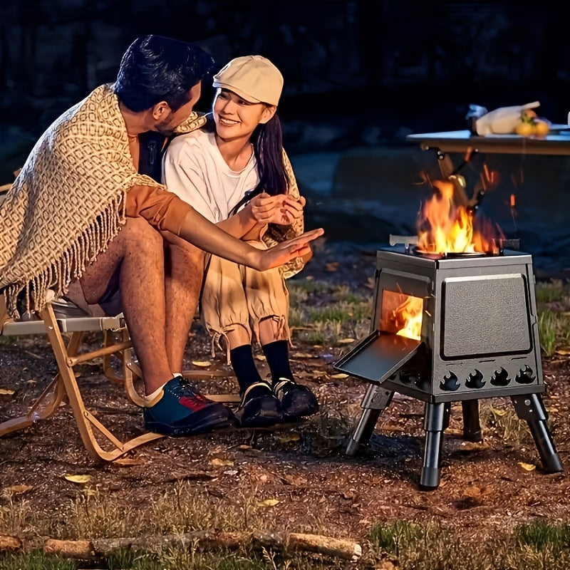 Heavy-Duty Wood Burning Camp Stove – Portable Outdoor Campfire Stove with Sturdy Legs & Air Vents, Firewood Compatible for Hiking, Backpacking, Picnic & BBQ, No Electricity or Flint Needed, Black