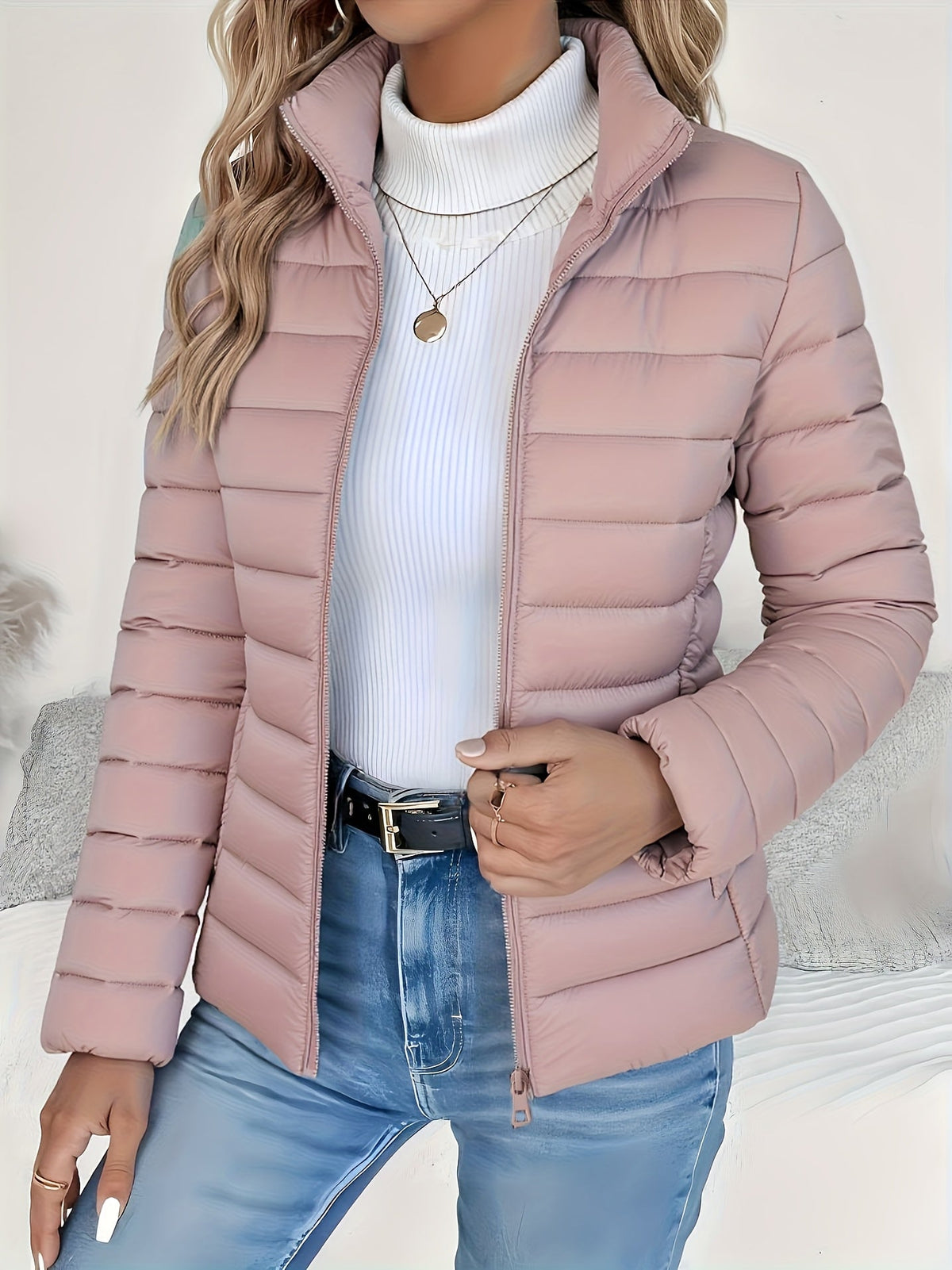 Women's Quilted Puffer Jacket Lightweight Padded Coat Stand Collar Zip Up Cropped Outerwear Fall Winter Slim Fit
