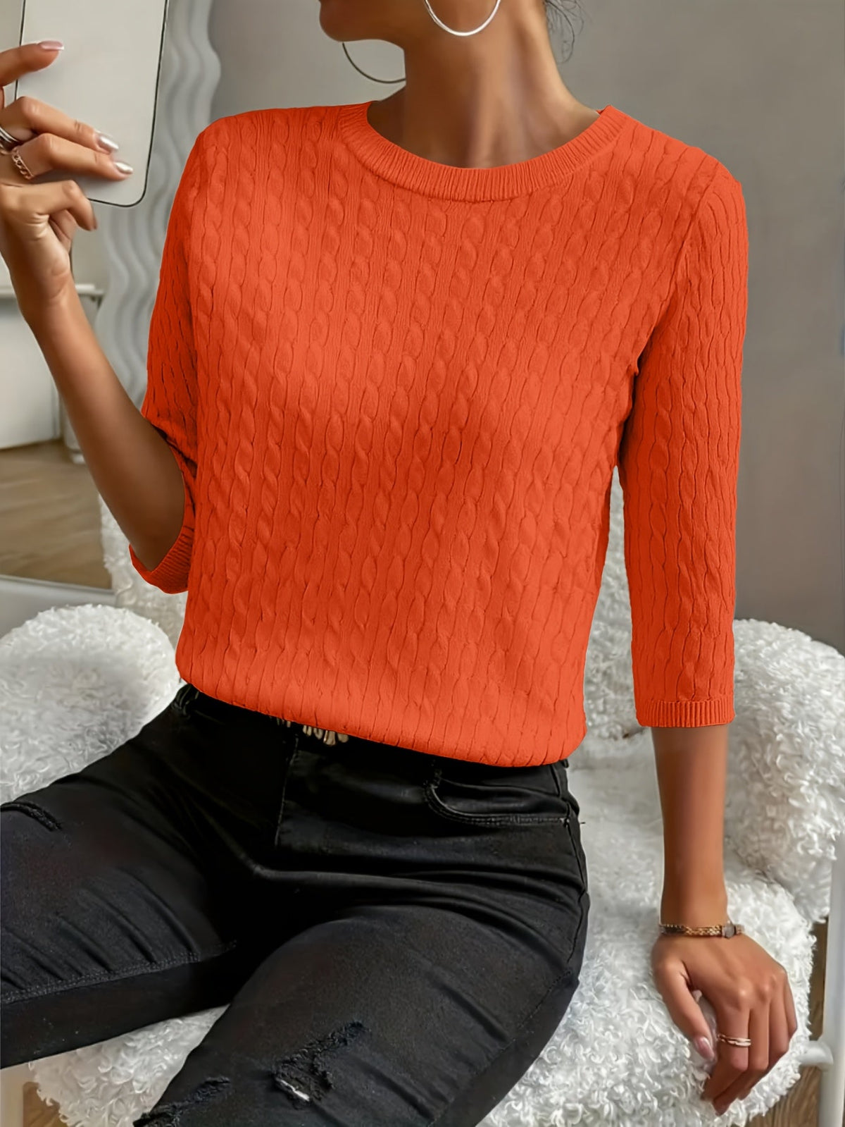 Women's Ribbed Three-Quarter Sleeve Pullover Sweater – Round Neck Solid Color Knit Top for Fall & Winter, Soft Stretch Versatile Everyday Style