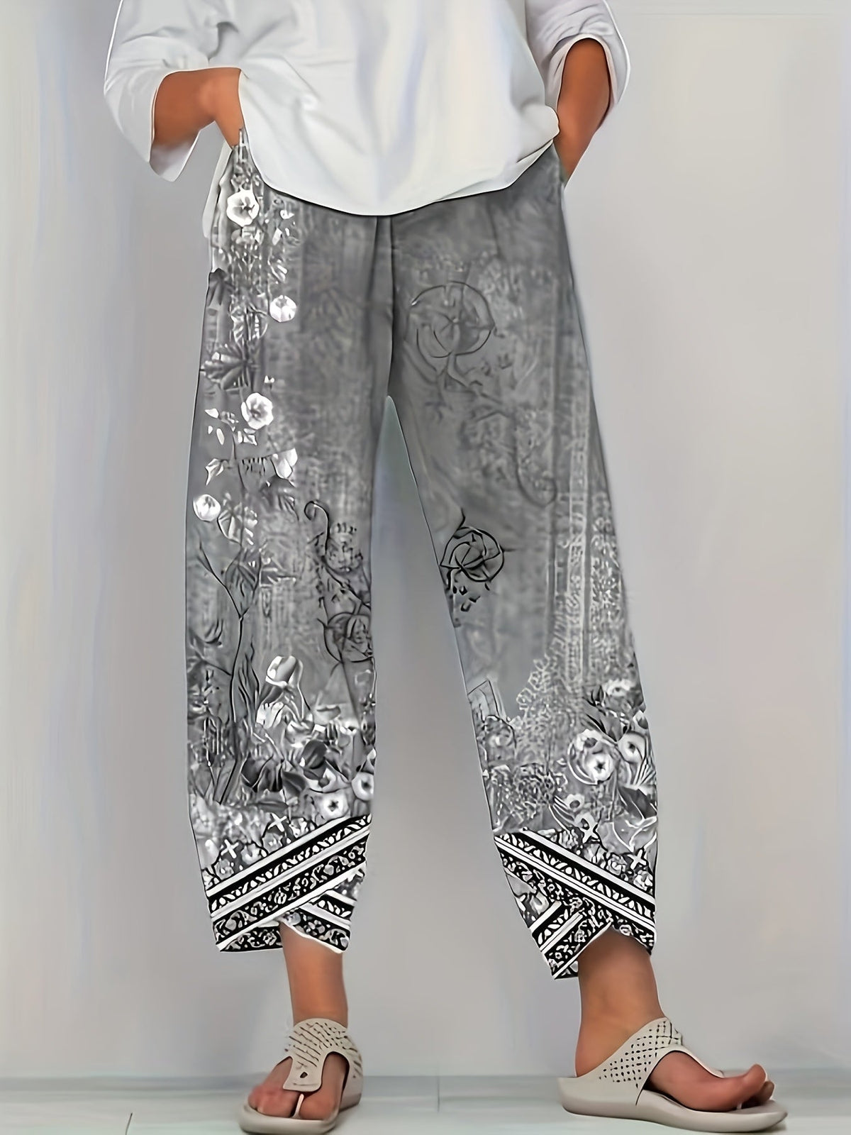 Vintage Floral Capri Pants with Elastic Waist & Pockets | Women's Retro Smocked Cropped Trousers | Casual Comfortable Boho Bottoms for Spring Summer Fall | S-XXL Multiple Colors