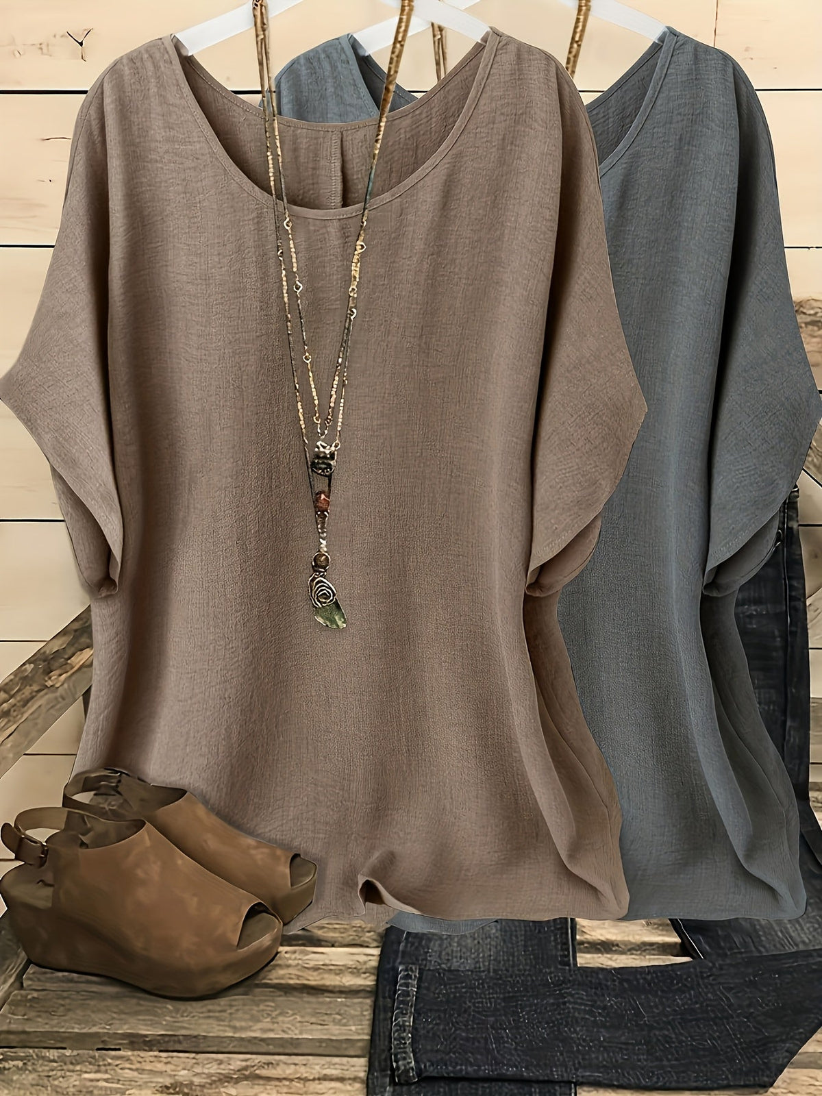 Women's Batwing Sleeve Shirt 2pcs Set Casual Vacation Round Neck Solid Color Loose Top S-XXL Multiple Colors | US Warehouse Fast Shipping