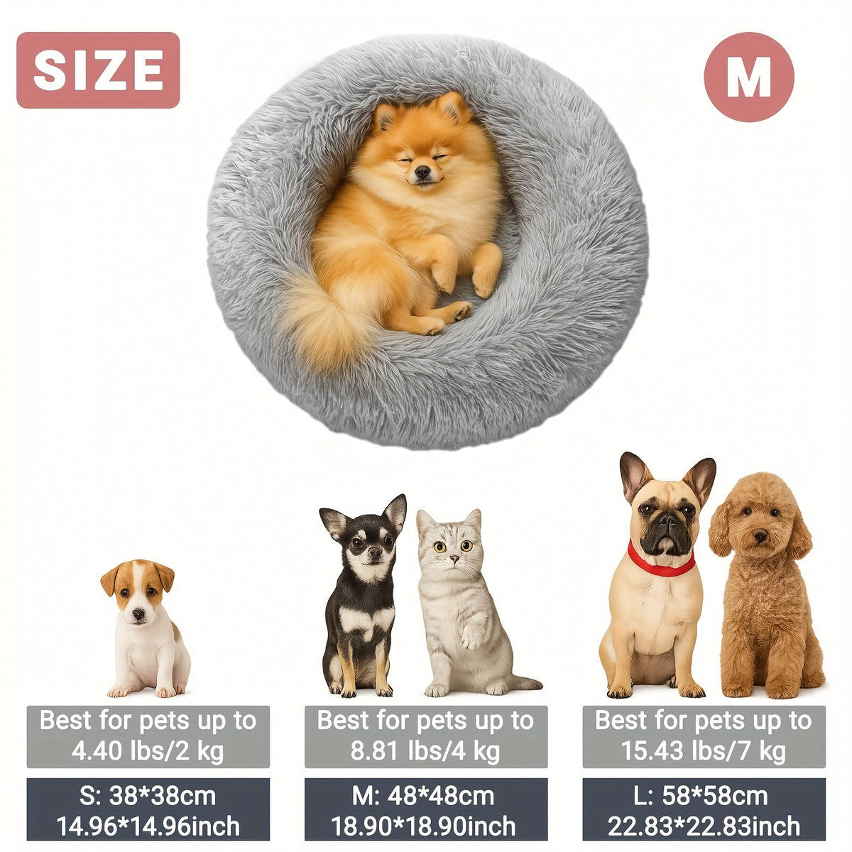 Donut Dog Bed & Cat Bed Soft Faux Fur Plush Round Pet Cushion - Warm Fluffy Calming Dog Crate Mat for Small Medium Large Dogs & Cats, Multiple Sizes 15"-31"