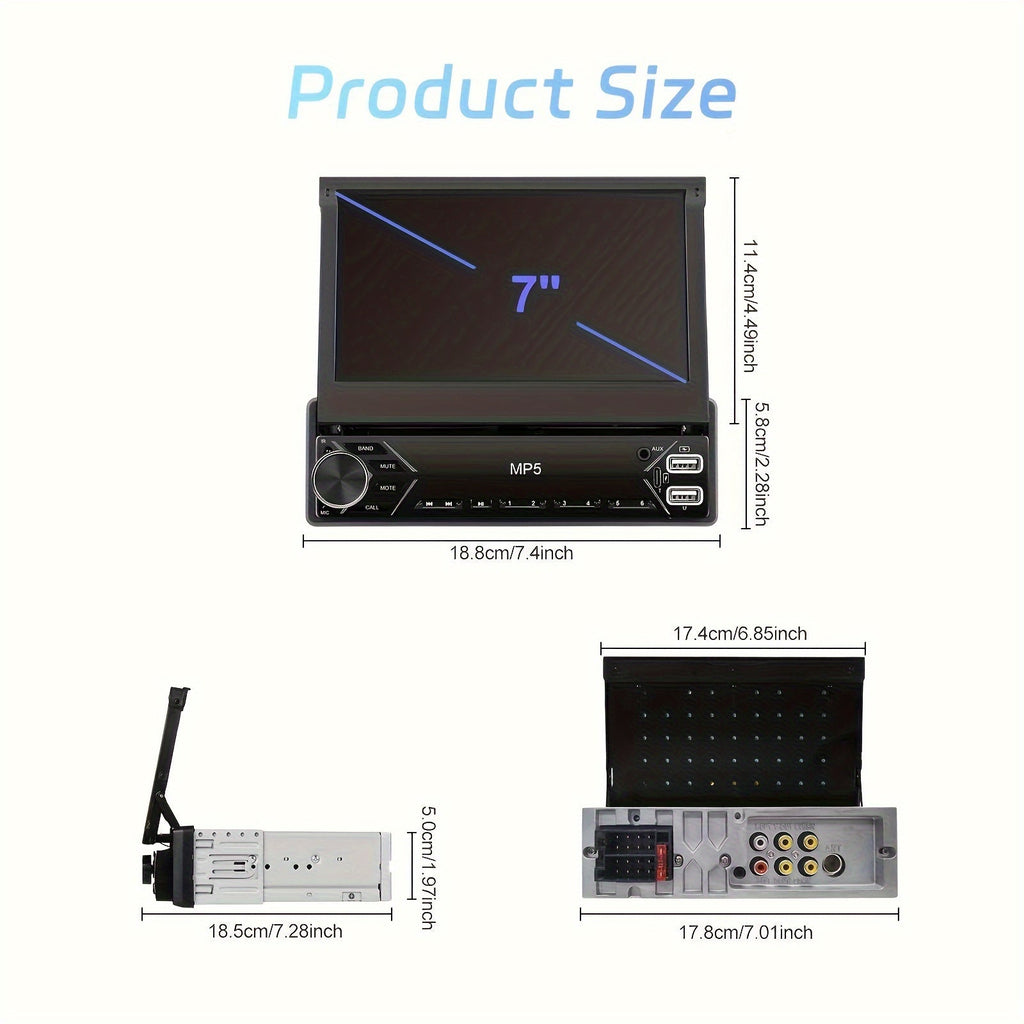 Single DIN Car Stereo 7 Inch HD Retractable Touchscreen – MP5 Player with Mirror Link, Bluetooth, FM Radio, USB, AUX, Colorful Backlight, 45W×4 Amplifier | Velora