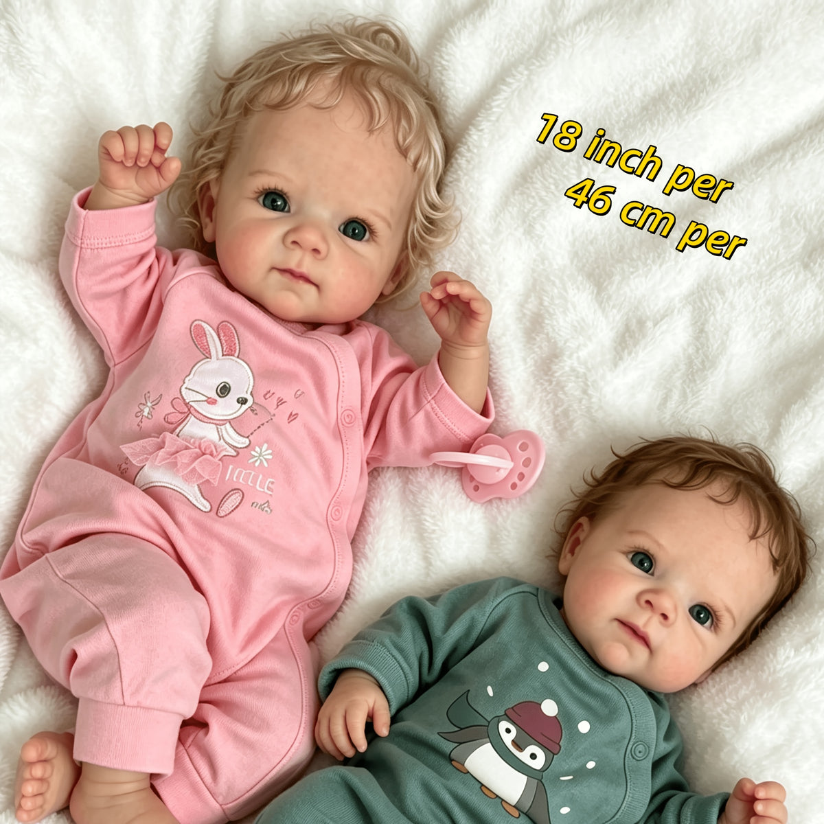 Lifelooking 18-Inch Reborn Baby Twins Set – Realistic Newborn Dolls with Soft Full Vinyl Body, Implanted Curly Hair, Pacifiers, Diapers & Birth Certificates, Role Play Gift for Kids Ages 3+