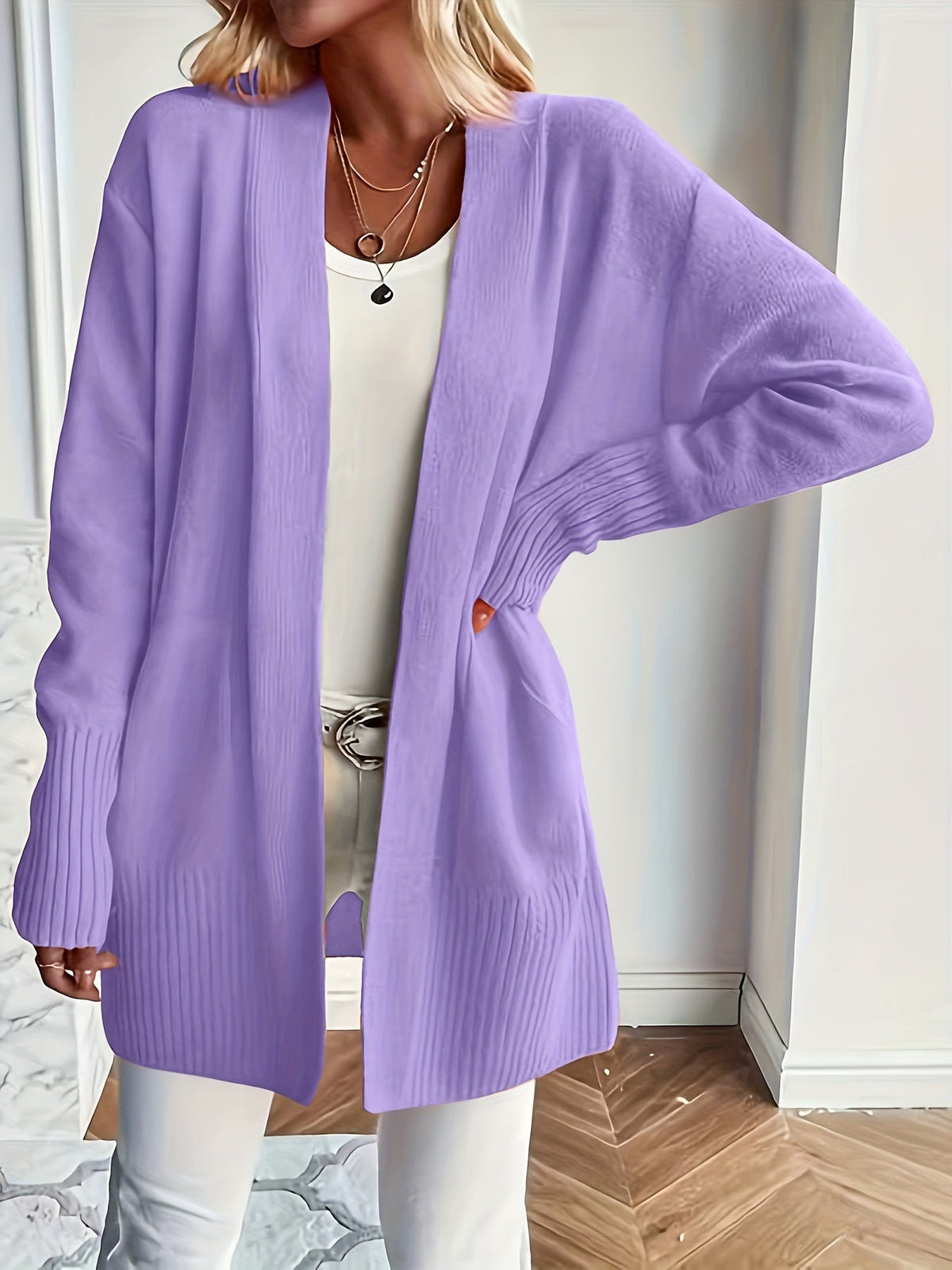 Women's V-Neck Drop Shoulder Long Cardigan Sweater – Loose Fit Soft Knit in 16 Colors for Autumn & Winter, 46% Acrylic 28% Viscose 26% Nylon