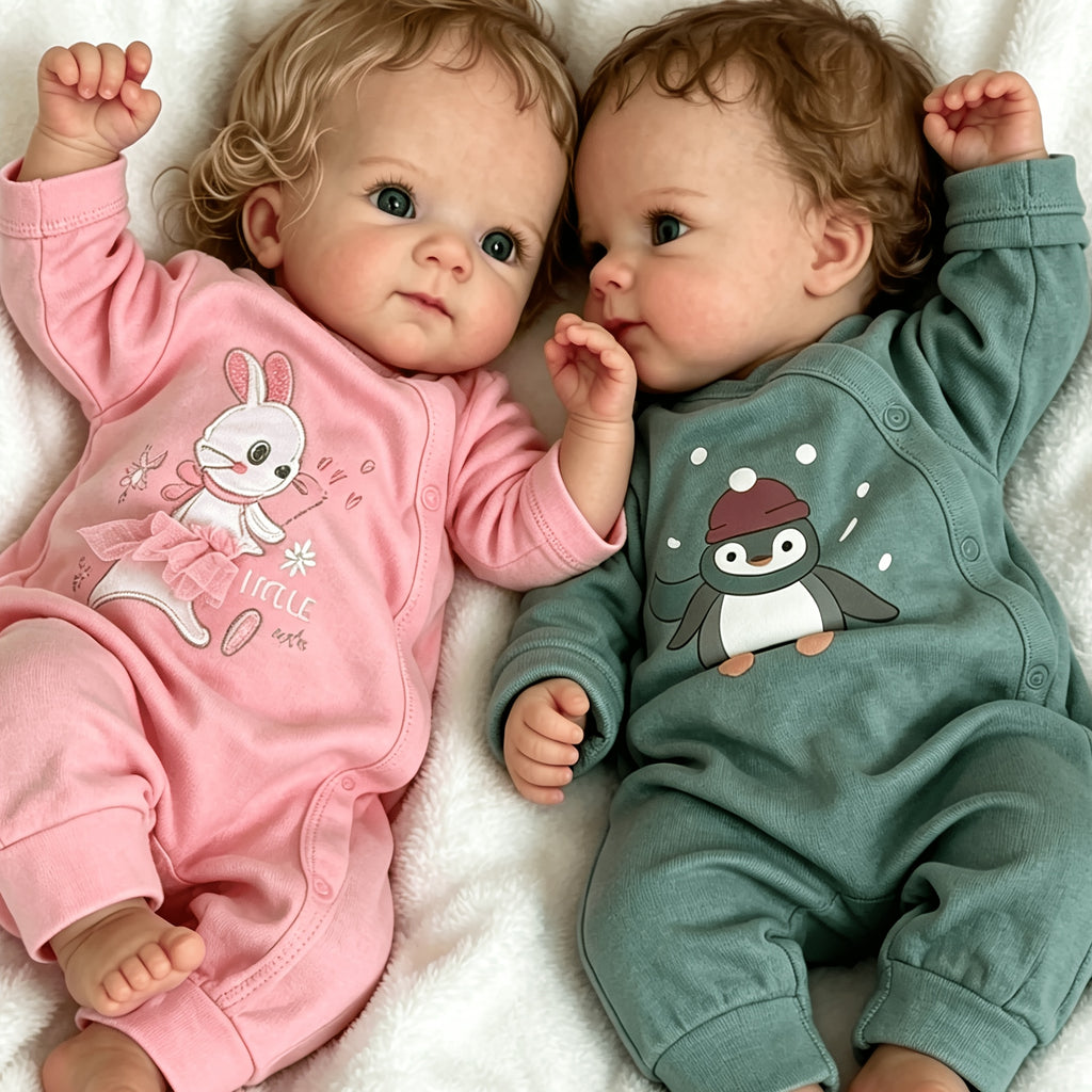 Lifelooking 18-Inch Reborn Baby Twins Set – Realistic Newborn Dolls with Soft Full Vinyl Body, Implanted Curly Hair, Pacifiers, Diapers & Birth Certificates, Role Play Gift for Kids Ages 3+