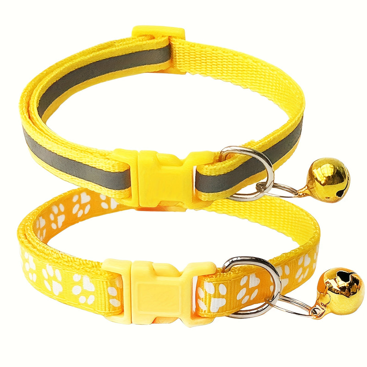 Reflective Pet Collar with Bell 2pcs Set - Adjustable Striped Polyester Cat & Dog Collar with Paw Print Design, Safety Breakaway Buckle, 10 Colors for Small Dogs and Cats, One Size