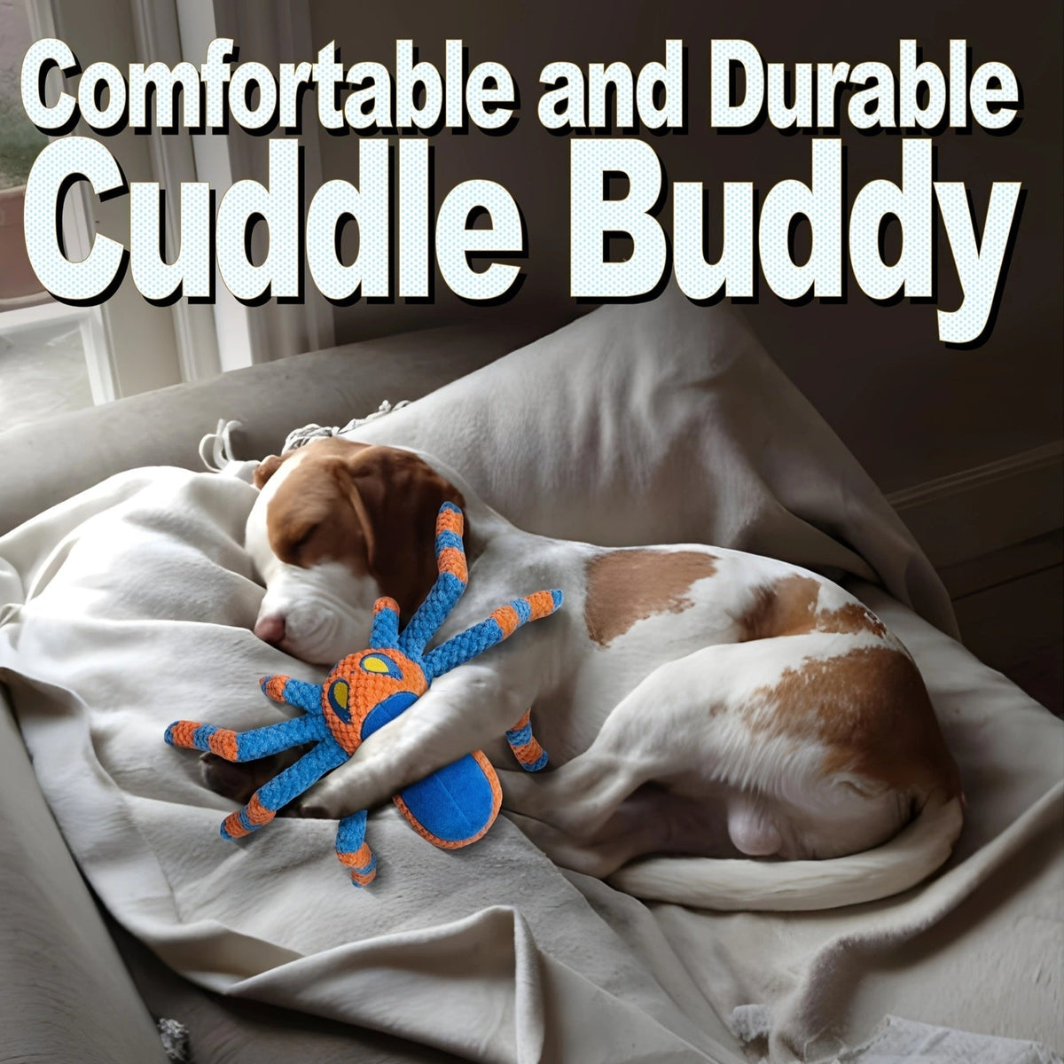 Squeaky Spider Dog Toy for Large Dogs – Interactive Crinkle Tug of War Plush Puppy Toy with Squeaker Head & Crinkle Legs, Keeps Dogs Busy for Hours, No Battery Needed, Blue & Red Spider