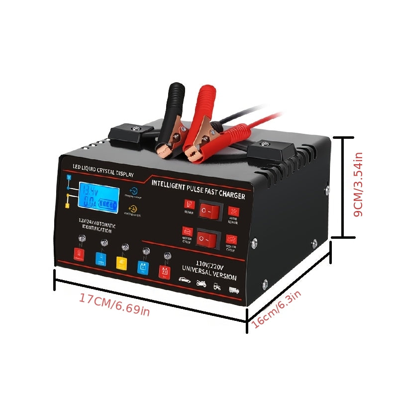 Smart Universal Battery Charger 12V 24V with LCD Screen Pulse Repair Trickle Maintainer for Car Truck Motorcycle Boat Lawn Mower Harvester – Automatic Temperature Regulation