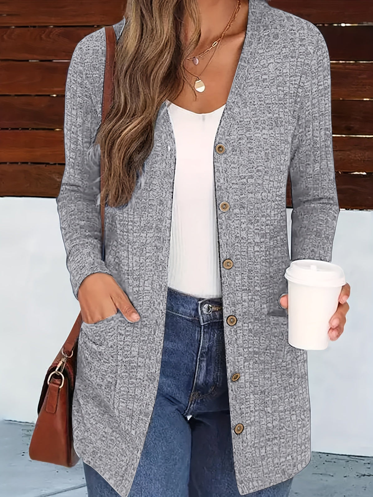 Women's V-Neck Cardigan Coat Buttoned Knit Cardigan with Pockets Solid Color Fall Winter Sweater Coat S-XXL