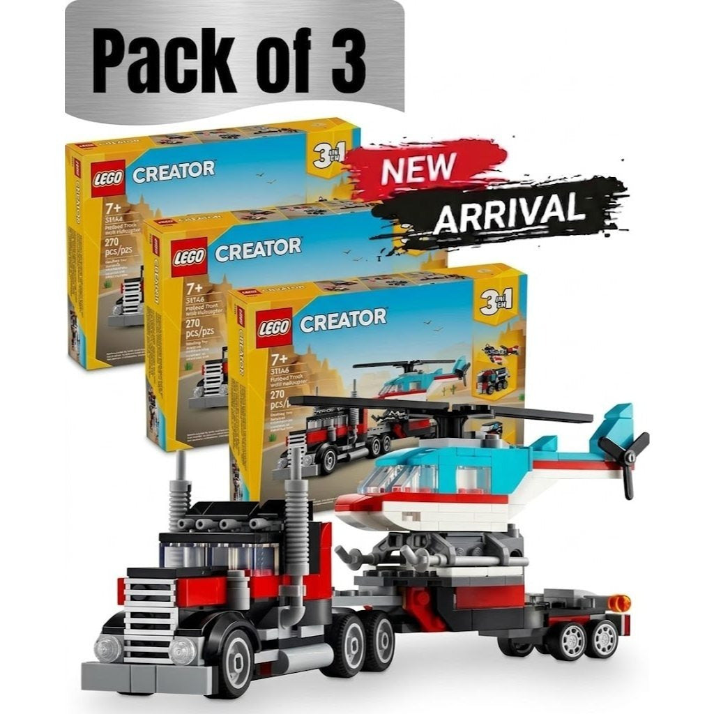 3-in-1 Flatbed Truck with Transport Helicopter Building Toy Set 270 Pieces (3-Pack), Kids Construction Vehicle Brick Kit - Birthday Gift for Boys & Girls Who Love Trucks, Cars & Building Toys