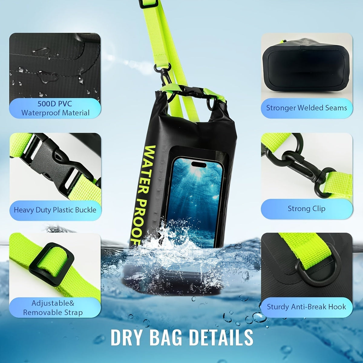 10L Waterproof Dry Bag Roll-Top with Phone Case - Crossbody Shoulder Bag for Kayaking Boating Beach Camping Swimming Fishing Rafting Travel