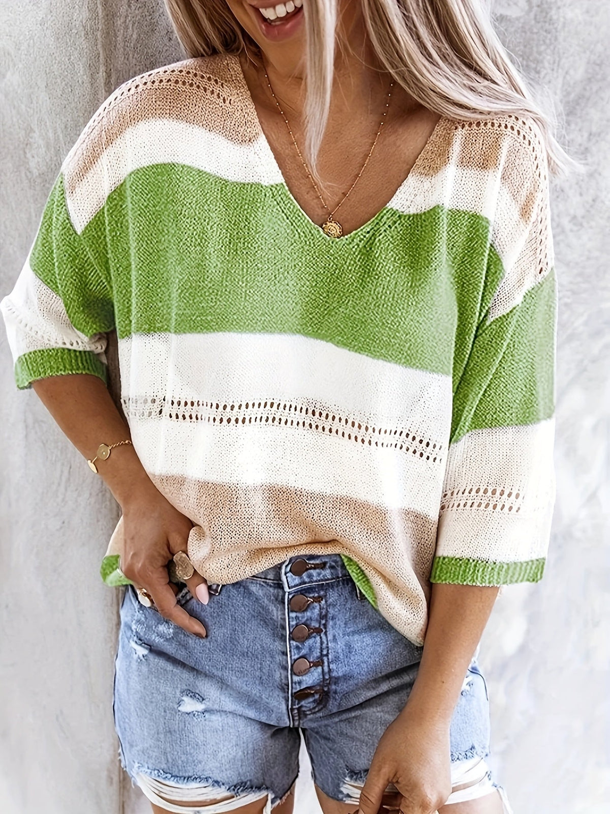 Women's V-Neck Hollow Out Off Shoulder Top Colorblock Stripe Knit Shirt - Casual Summer Blouse for Daily Wear Beach Vacation