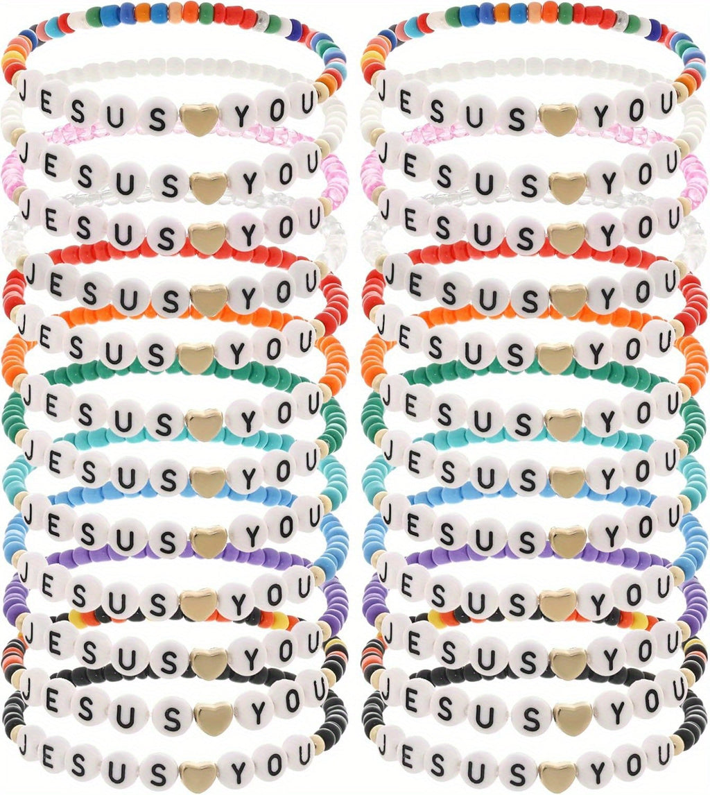 24pc Christian Friendship Bracelet Set – Handmade Clay Bead Jesus Love You Bracelets, Bulk Religious Jewelry for Christmas, Easter, Church Events & Faith-Based Gifts