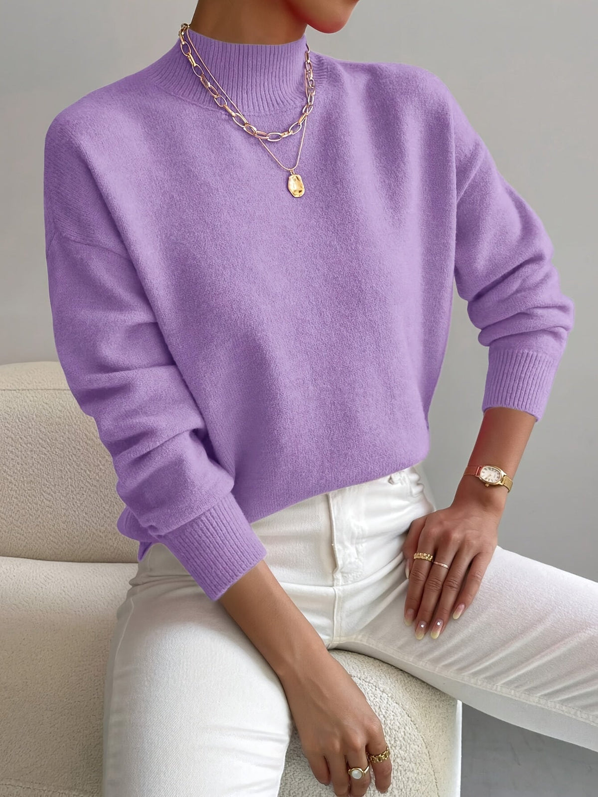 Women's Solid Color Mock Neck Drop Shoulder Pullover Sweater – Long Sleeve Knit Acrylic Blend Cozy Fall Winter Top